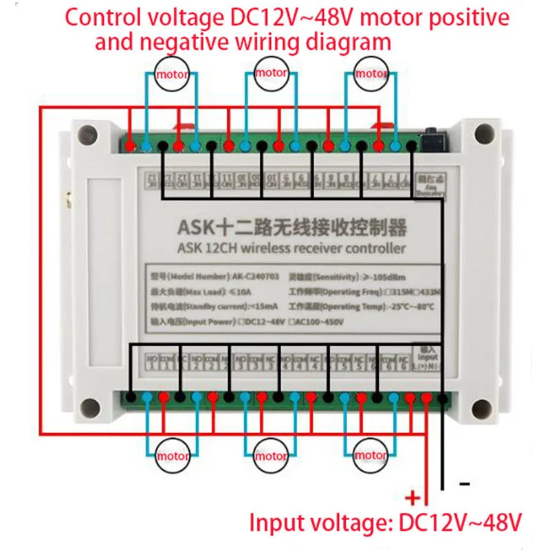 Controlador de Radio Industrial DC 12V 24V 36V 48V 12CH, Control Remoto Inalámbrico RF, Receptor para Sistema de Grúa Pu