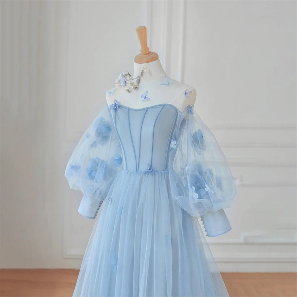 Lily Sky gaun pesta, gaun pesta Tulle lengan panjang warna biru, gaun selebriti A-Line dengan Applique