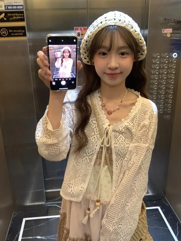 

Летний вязаный кардиган с кружевной отделкой, топ-жакет с V-образным вырезом и длинными рукавами для женщин