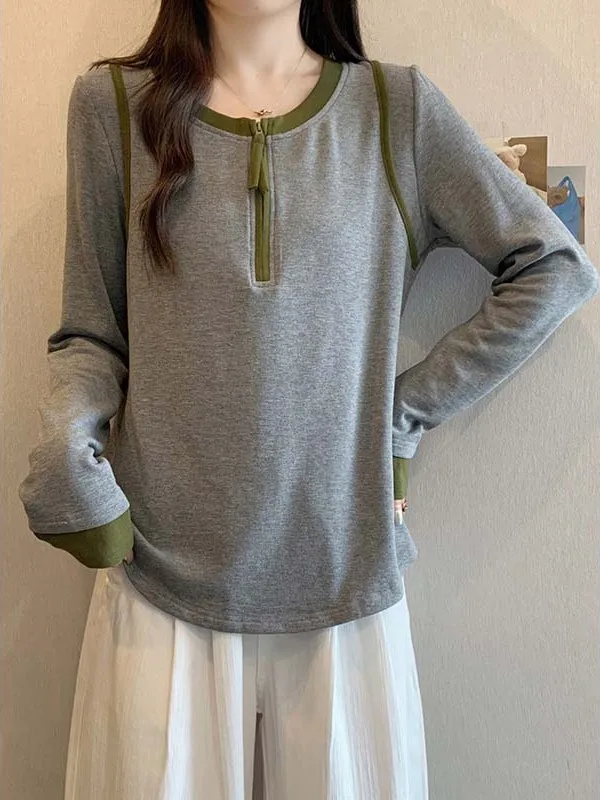 러브 도파인 롱 슬리브 티셔츠 여성용 컬러 블록 베이스 티셔츠 라지 사이즈 여성용 탑 지퍼 라운드 넥 풀오버