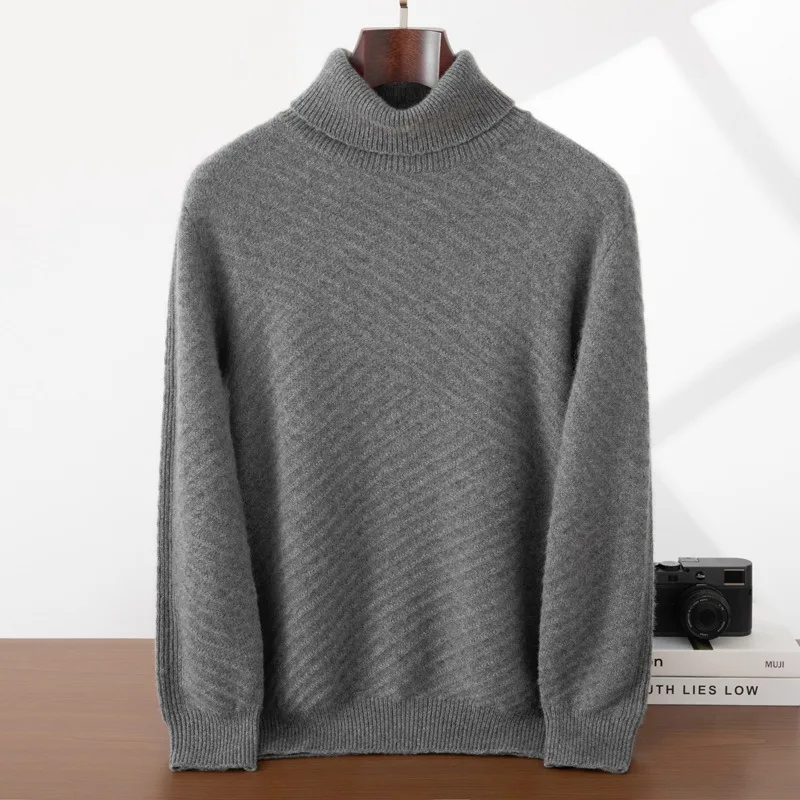 Sweater Kasmir Pria Kerah Tinggi Terbaru 2026, Hangat Tebal Warna Abu-abu untuk Musim Dingin