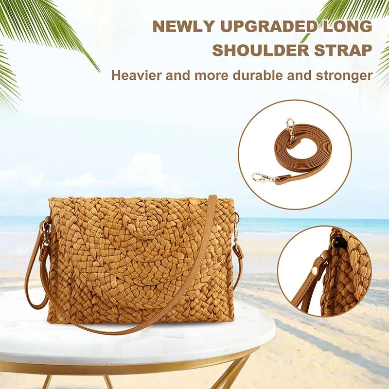 Straw Clutches Beach Bag For Women Summer Crossbody Straw Bag With Bag Strap Rural Style Woven Shoulder Bag Casual Purse Wallets