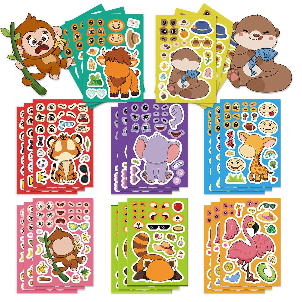 8/16 arkuszy Urocze Naklejki Puzzle ze Zwierzątkami dla Dzieci, Stwórz Własne Naklejki z Kreskówkami, Zabawne DIY, Układanka do Składania, Gra na Przyjęcie dla Chłopca i Dziewczynki, Zabawka