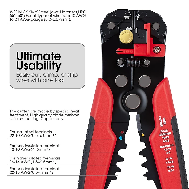 Alicates multifuncionales para pelar, usados para cortar cables, Terminal de prensado de 0,2-6,0mm, herramienta manual de marca automática de alta precisión