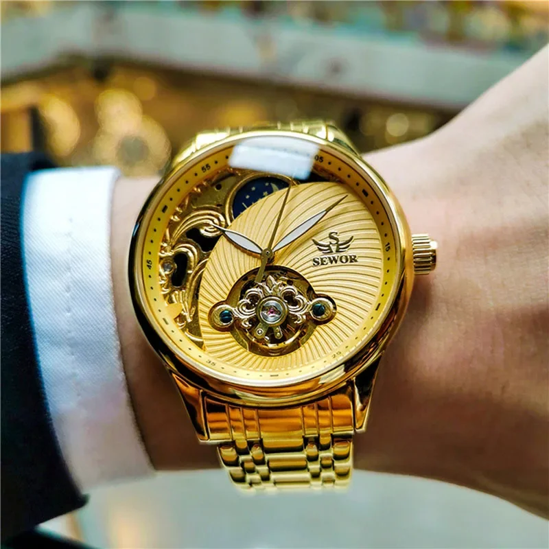 Sewor luxo ouro tourbillon relógios homens esqueleto relógios fase da lua automático relógios mecânicos relogio masculino