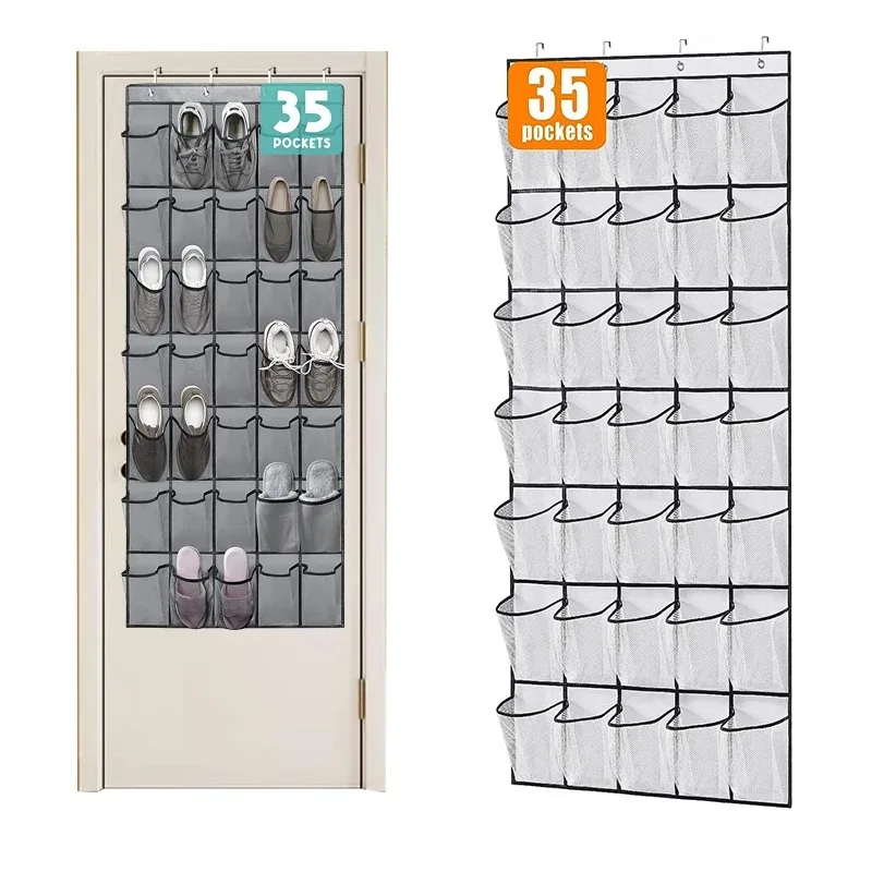 

35 Pockets Over the Door Shoe Organizer Large Mesh Pockets With 4 Hooks Transparent Fabric Shoe Rack Storage Bag For Bedroom
