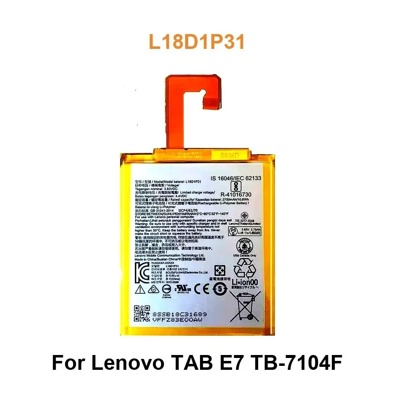 

Tablet Battery For Lenovo TAB E7 TB-7104F L18D1P31 2750mAh Real Capacity