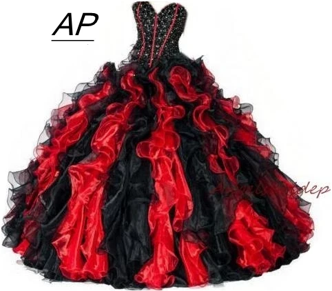 ANGESLBRIDEP 2 STORE 15 Năm Đỏ Và Đen Quinceanera Áo Pha Lê Chiếu Trúc Hạt Áo Đầy Đủ Bầu Plus kích Thước