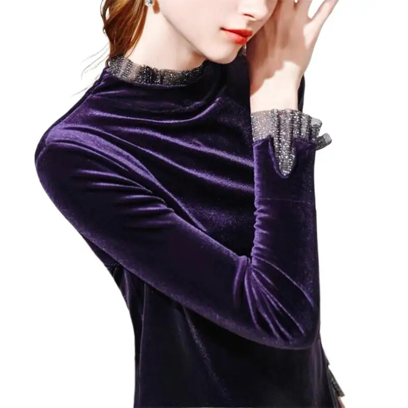 2024 Autumn Women Velvet Shirts Elegant Stylish Party Top Female Fashion Basic Casual Shirt Mesh Patchwork Blouse Sweet Girl Top