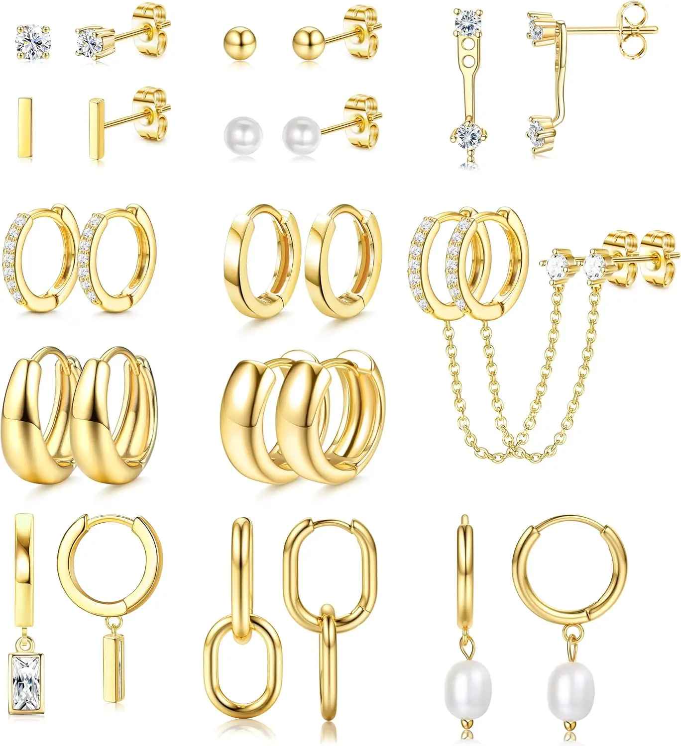 

13 Pairs Small Stud Hoop Earrings Set for Women Hypoallergenic Gold Plated Huggie Hoops Pearl Dainty Lightweight Gift