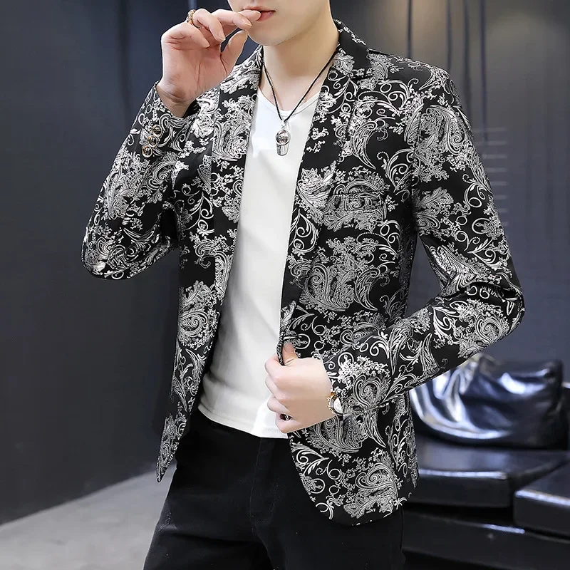 HOO 2024 Men slimmed-down bronzing blazer Youth personality print suit jacket