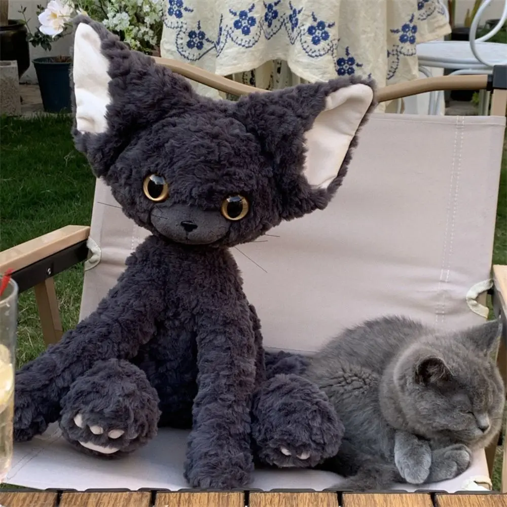 Cartoon Big Eyes Devon Rex Cat Plush Toy Soft Huggable Black Cat Plush Doll Stuffed Cute Devon Rex Animal Doll Festive Decor