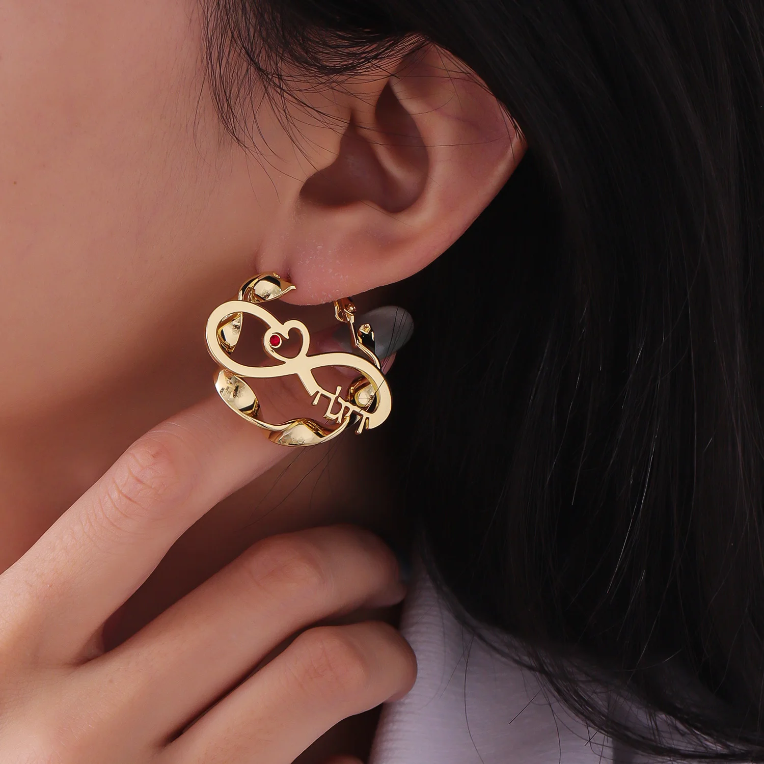 أقراط اسم حلقة لا نهائية مخصصة اسم الزوجين مع أقراط Brthstone مجوهرات عبرية مخصصة هدية نسائية لها #3