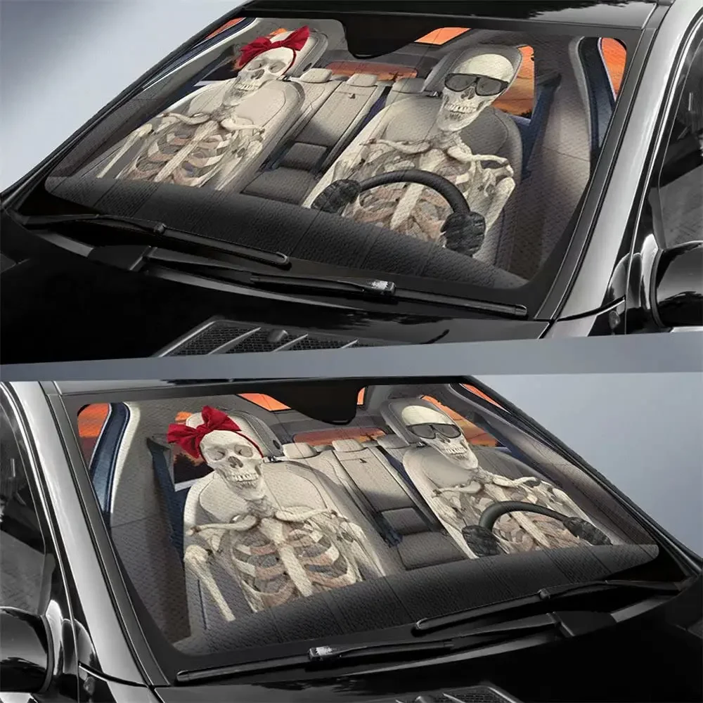 Homega Couple Skeleton Driver Auto Windshield Sunshade Blocks,Skull Universal for Windshield, Halloween Foldable Sun Shade Prote