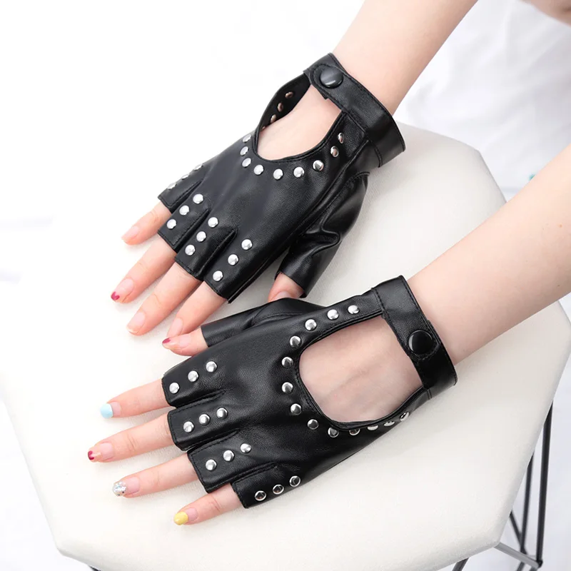 Black Gothic Rivets Fingerless Gloves Semi-Fingers Breathable Driving Men Women Pu Leather Punk Gloves Halloween Dance Gloves