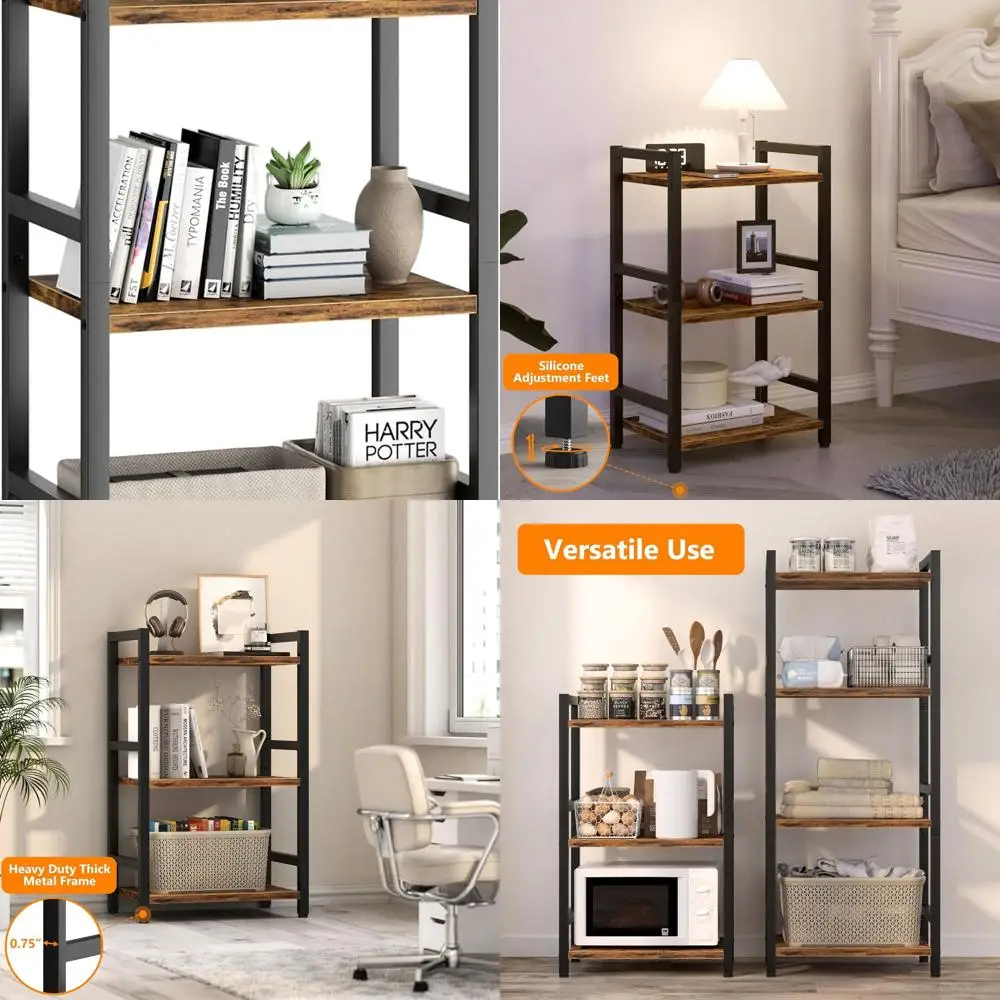 Sturdy 3-Tier Steel Bookshelf - Compact Storage for Books, CDs, Movies in Rustic Brown