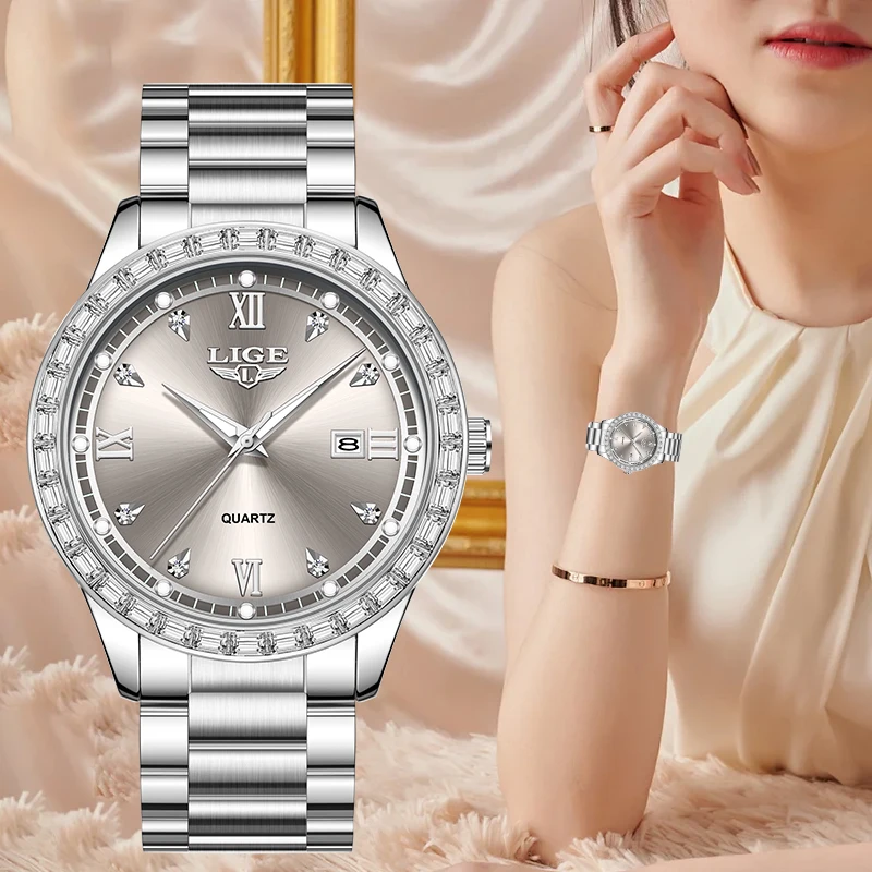 LIGE Elegant Luxury Fashion Classic Stainless Steel Band Women's Wristwatch Auto Date Ladies Diamond Dial Quartz Woman Watch New