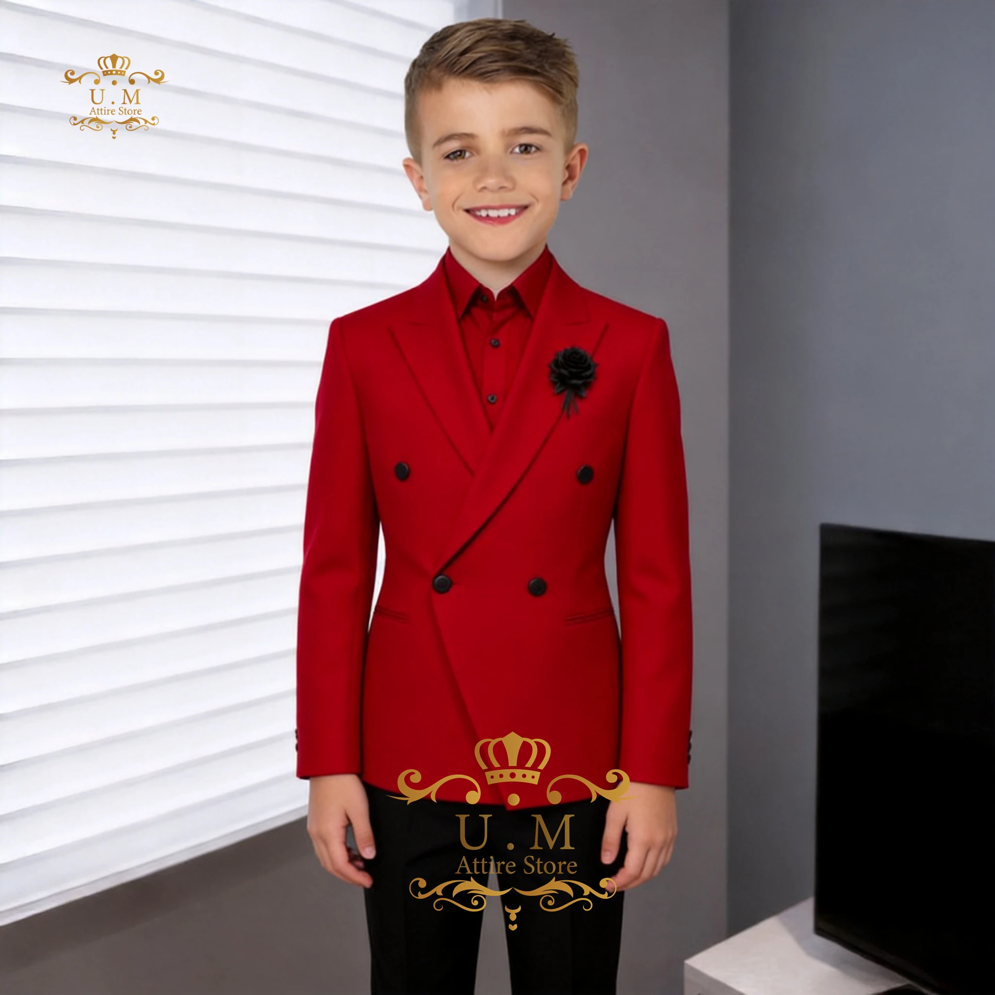 

Fashion 2-Piece Boys' Suit Red Peak-Lapel Jacket Black Pants Slim Fit for Wedding Ring Bearer School Prom Party Child Tuxedo