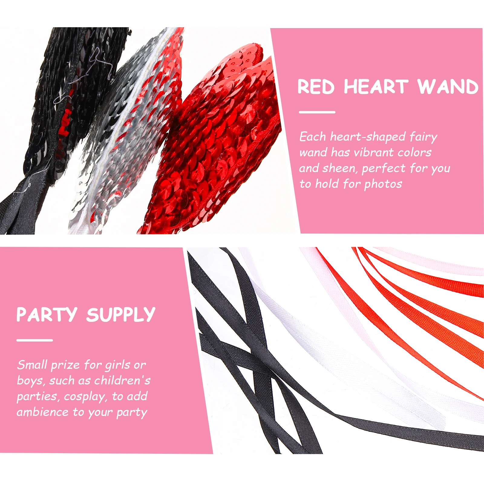 

3pcs Heart Shaped Fairy Glitter Sequins Ribbon Black Red Silver Kids Party Supplies Princess Props Photo Accessories