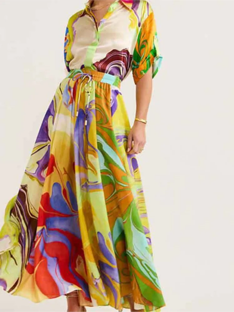 

Модный комплект свободной юбки с принтом для женщин, повседневная рубашка с коротким рукавом, топы + длинные юбки с высокой талией, комплекты из 2 предметов, Boho Holiday Y2k, новинка