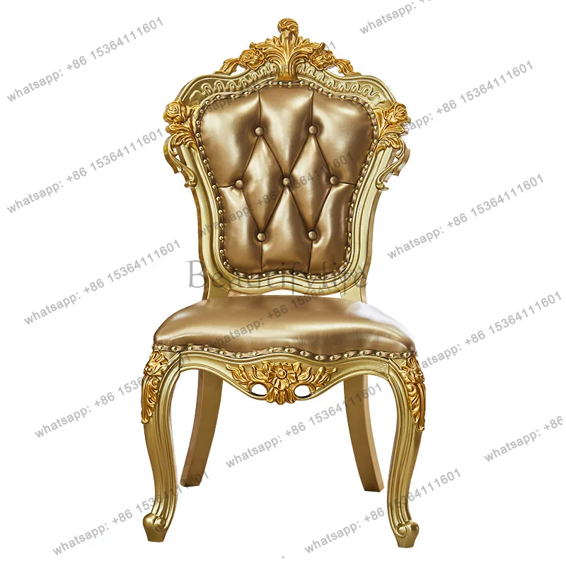 

European leather chair luxury high-end aristocratic gold full solid wood carving flower family dining chair