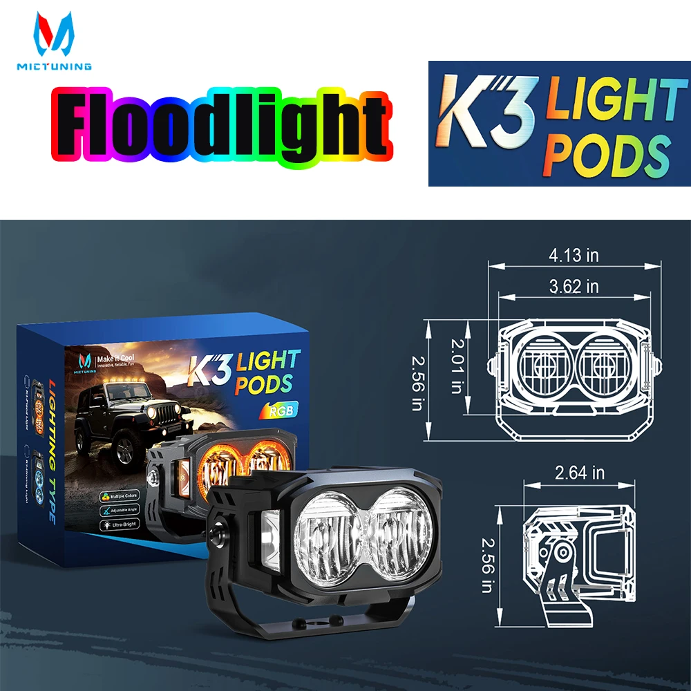 

MICTUNING 2PCS 4 Inch K3 LED Light Pods RGB Color Flood Beam Waterproof llluminated Floodlight work Light kit for Truck Boat Car