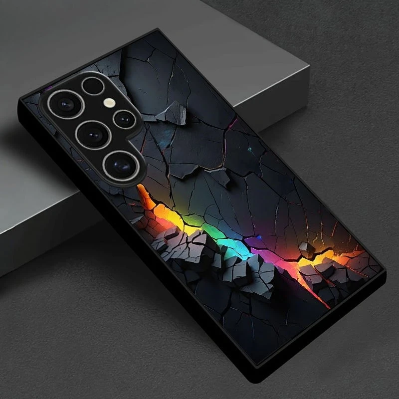 Rainbow Glow in the Cracks Tempered Glass Phone Case Compatible with Samsung Galaxy S26/S25/S24/S23/S22/S21 and other models