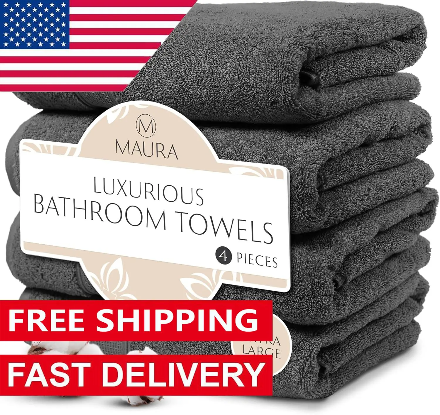 NEW Grey Extra Large Turkish Cotton Luxury Bath Towels Set of 4. Ultra-Soft, Thick & Plush Towels for Bathroom - Space Gray