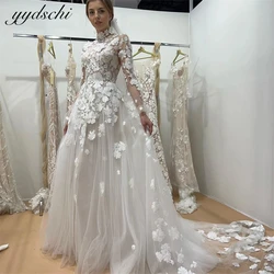 Personalizado elegante alta pescoço apliques rendas tule ilusão a linha vestidos de casamento 2024 tribunal trem vestido de noiva novia