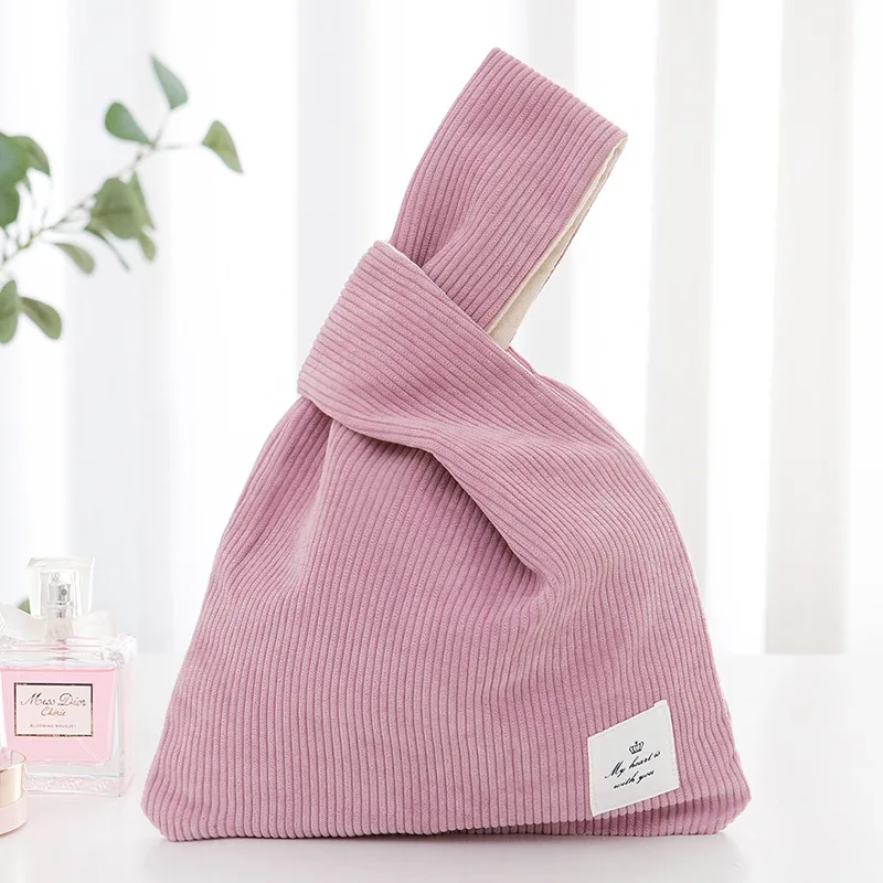 Japanese Mini Knot Wrist Bag Corduroy Women Top Handle Bag Simple Purses Handbags Simple Lightweight Shopping Bag Phone Key Bag