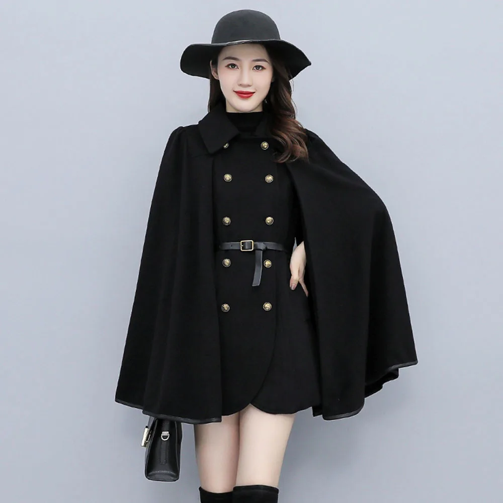 

British Style Black Poncho Autumn Winter 2022 New French Double-breasted Cape Cloak Womens Elegant Warps Wool Blends Poncho Coat