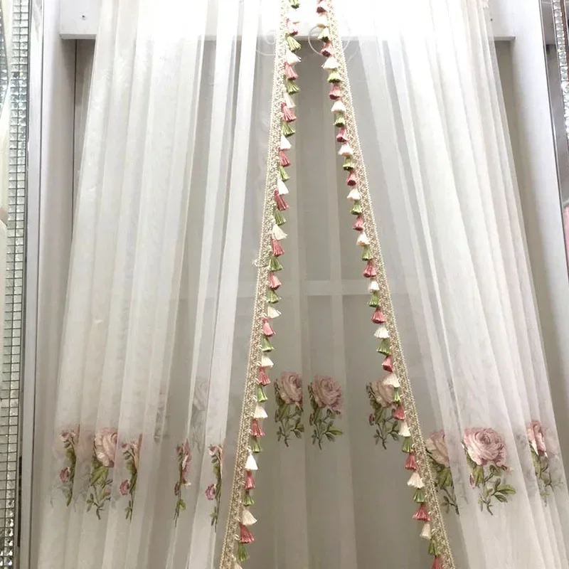 

European Luxury White Embroidery Flowers Curtains for Living Room Bedroom Peony Window Screen Panels for Tassel Tulle Custom