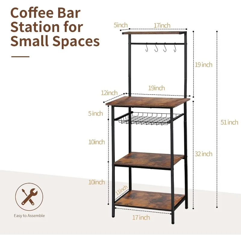 Small coffee bar station, corner coffee cart with pull-out wire basket, suitable for kitchen, living room