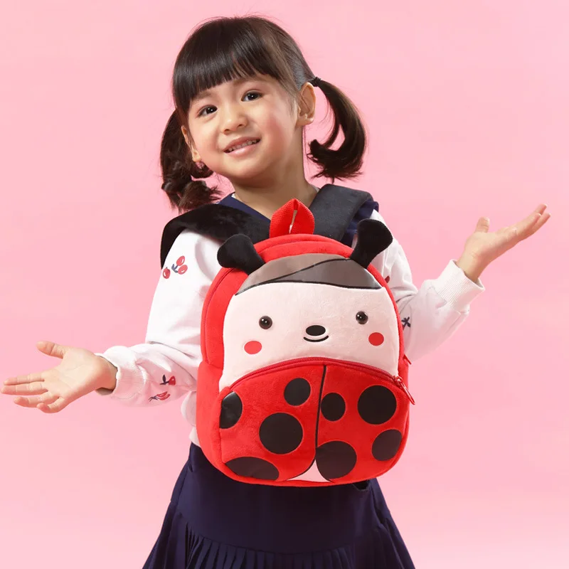 Children School Backpack Cartoon Ladybug Design Comfortable Soft Plush Material For Toddler Baby Kindergarten Kids Snacks Bag