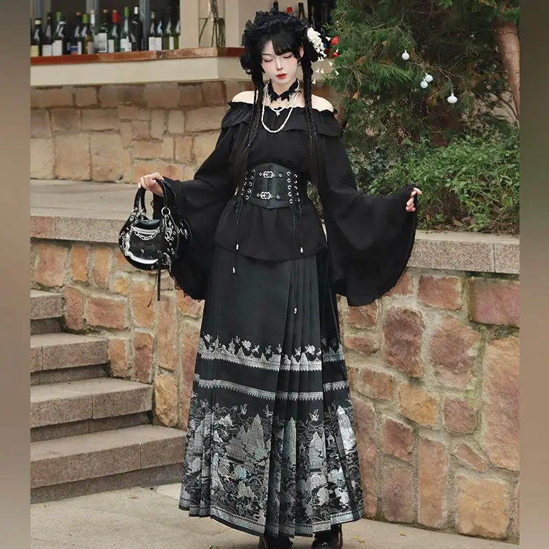 

MAGOGO Китайский стиль Hanfu Готические комплекты юбок Черная блузка с рюшами на рукавах и юбка трапециевидной формы с высокой талией в национальном стиле с конским лицом