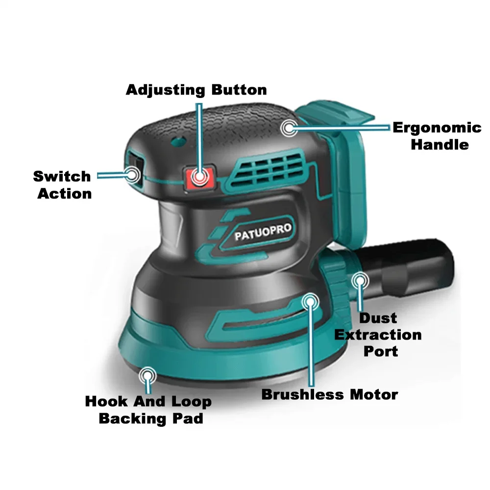PATUOPRO 125mm Brushless Random Orbital Electric Sander 3-Speed Wood Polisher Grinding Sanding Machine For Makita 18V Battery