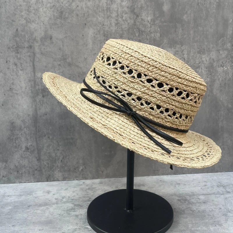 

New Lafite Grass Women's Sunshade Hat Summer Sunscreen Hollow Breathable Flat Top Elegant Hat Resort Beach Commuter Sunshade Hat