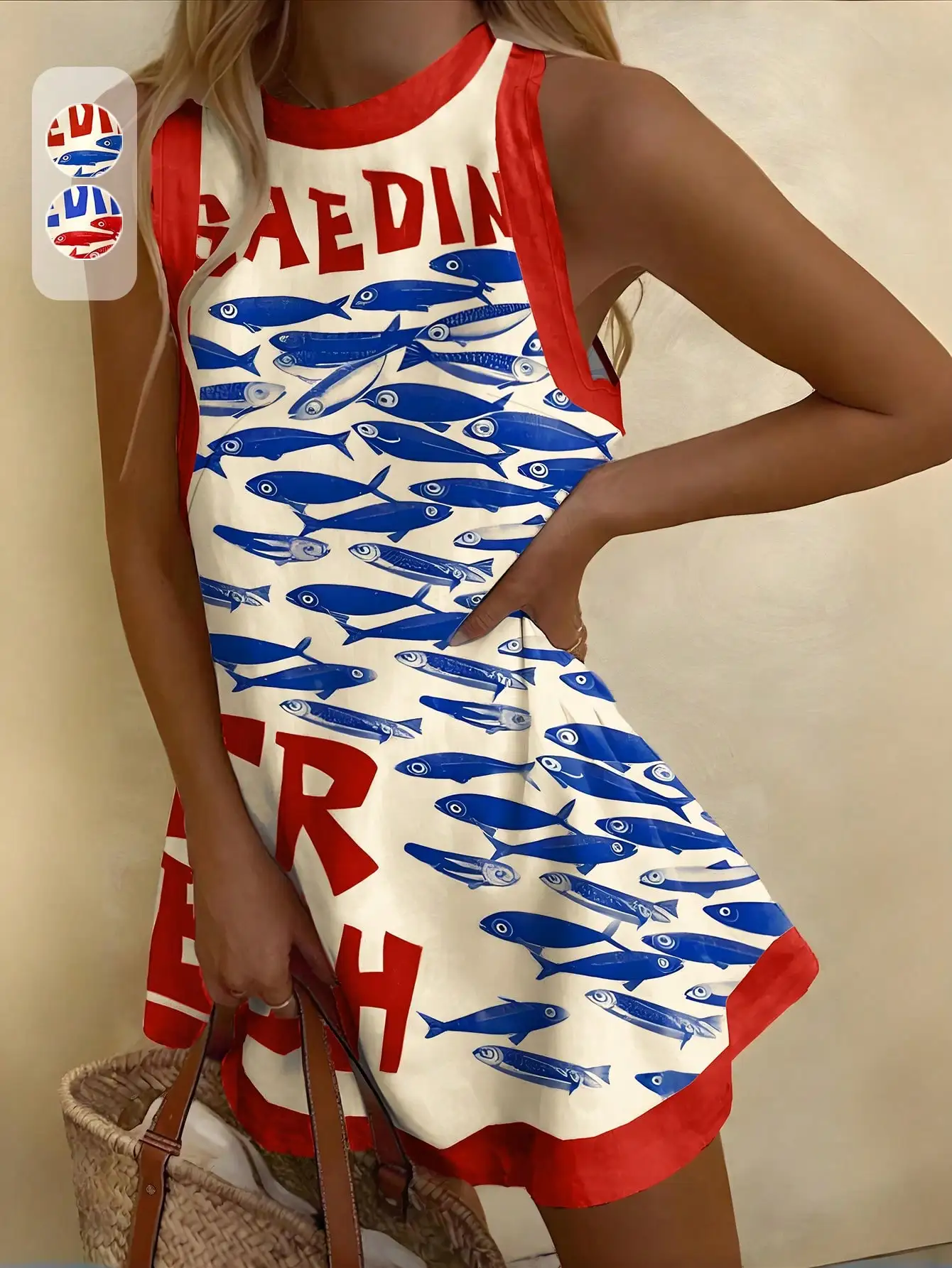 

Women's Sleeveless A-Line Dress with Blue Fish Print and Red Trim