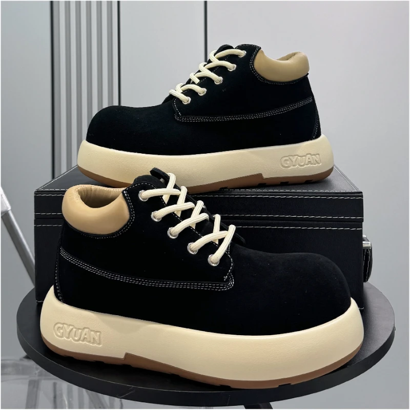

New Designer Men's Shoes Big Round Head Short Boots Thick-soled Height-increasing Lace-up Men Pig Suede Leather Chelsea Boots