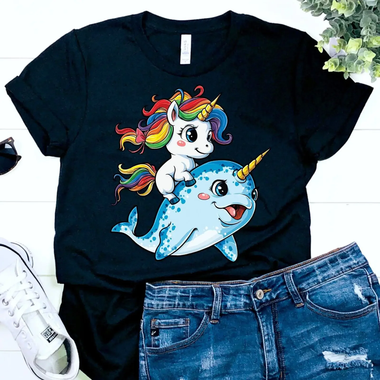 Cute Rainbow Unicorn Riding Narwhal T Shirt Funny s Casual for Women Girls vintage Washed Comfortable Unisex Breathable graphic