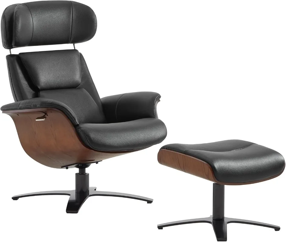 

Genuine Leather Reclining Swivel Chair with Adjustable Headrest and Ottoman for Living Room Black Memory Swivel Base