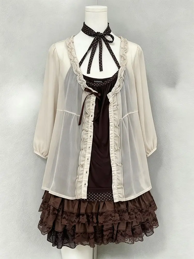 Vintage Hapanese Style Sets Women Polka Dot Neck Strap Lace Cake Dress Button Up Cardigan Sweet Three-piece Set Summer 2026 New view 3