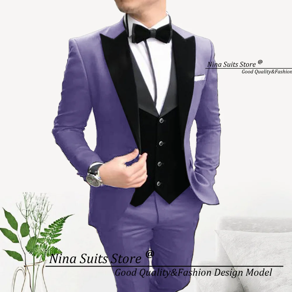 G&N 2027 Winter New Lavender Tuxedo For Man Custom Made Black Velvet Lapel Waistcost Casual Pants Groomsmen Wedding Costume