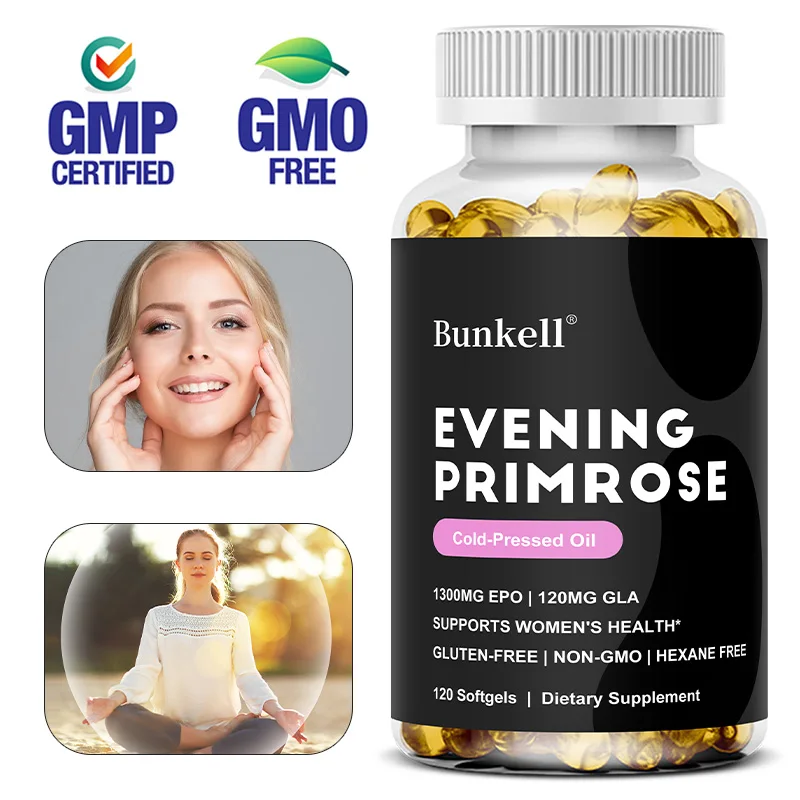Cápsulas de aceite de primrose de noche natural: apoyo a la menopausia y el período, salud de la piel y el cabello, aceite prensado en frío