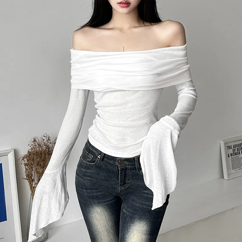 

Women's Tops Sexy Blouse Autumn Vintage Off Shoulder Tops Casual Long Sleeve Black White Slim Shirts Female Club Party Crop Tops