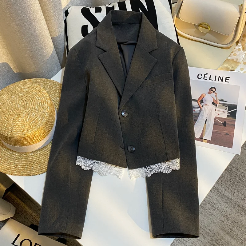 

Темно-серый костюм с кружевной отделкой, высококачественный повседневный укороченный жакет для женщин, шикарный весенний новый элегантный французский женский костюм с длинными рукавами