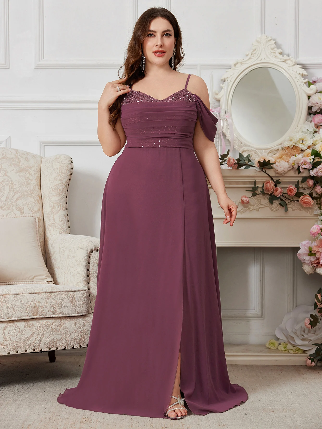 UNITHORSE Plus Size Backless Slit Dress With Sequin, Heart Neck Pleated Front, Recycled Fabric, Earth-Friendly Women's Dress
