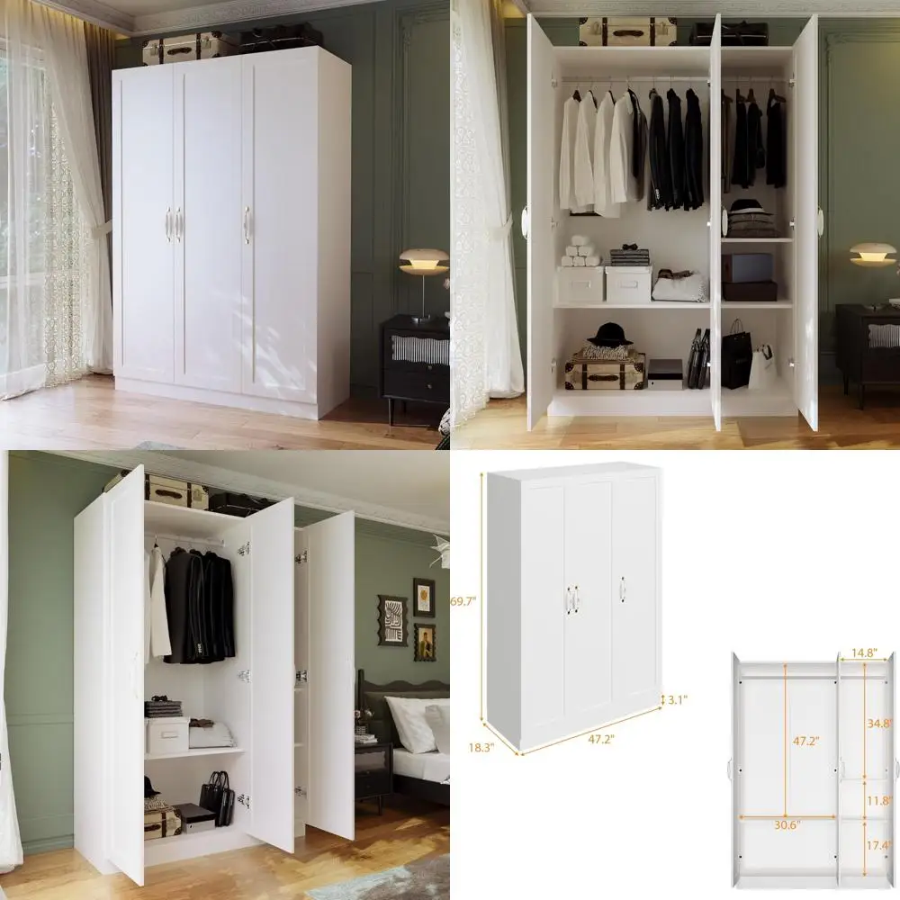 Armario blanco de 70 puertas alto y 3 puertas con varillas para colgar y 5 compartimentos de almacenamiento para dormitorio