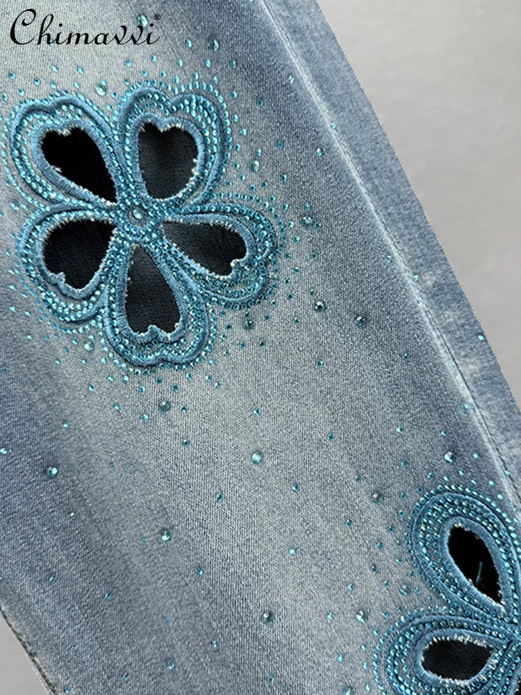 패션 할로우 핫 다이아몬드 데님 Harlan 바지 여성 봄, 여름 새로운 무거운 높은 허리 느슨한 슬림 맞는 9 점 바지