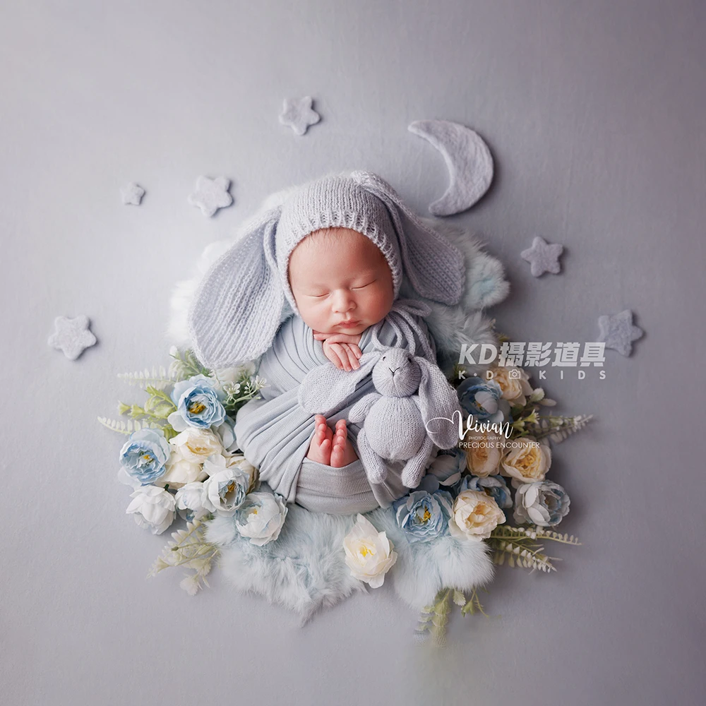 Whimsical Newborn Photography Kit Swaddle Wrap Knitted Hat Headband Felt Stars Photo Studio Baby Grey Theme Shooting Accessories